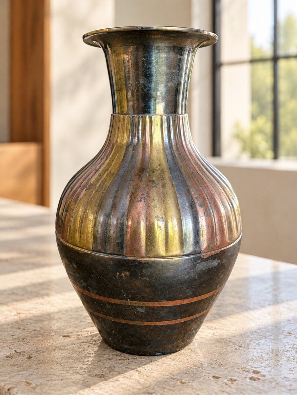Vintage India Brass Copper Mixed Metal Ribbed Vase 7" Fluted Patina